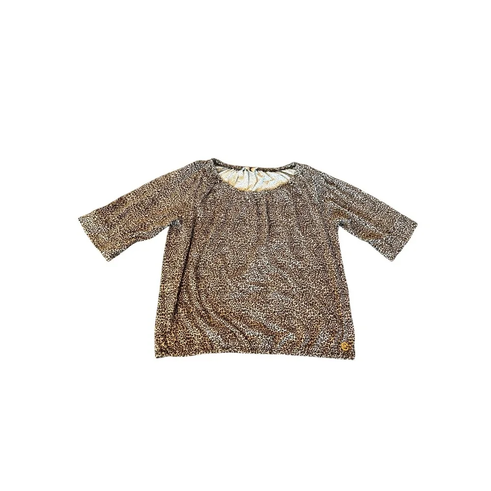 Michael Kors Womens Leopard Print Scoop Neck Bubble Hem 3/4‎ Sleeve Blouse Tan